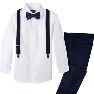 Spring Notion Boys 4 Piece Suspender Set - Pants Shirt Bowtie  Size 7 Navy White